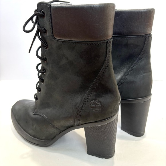 Timberland Allington Mid Lace-Up Block High Heel Black Leather Preppy Boot - Picture 9 of 15